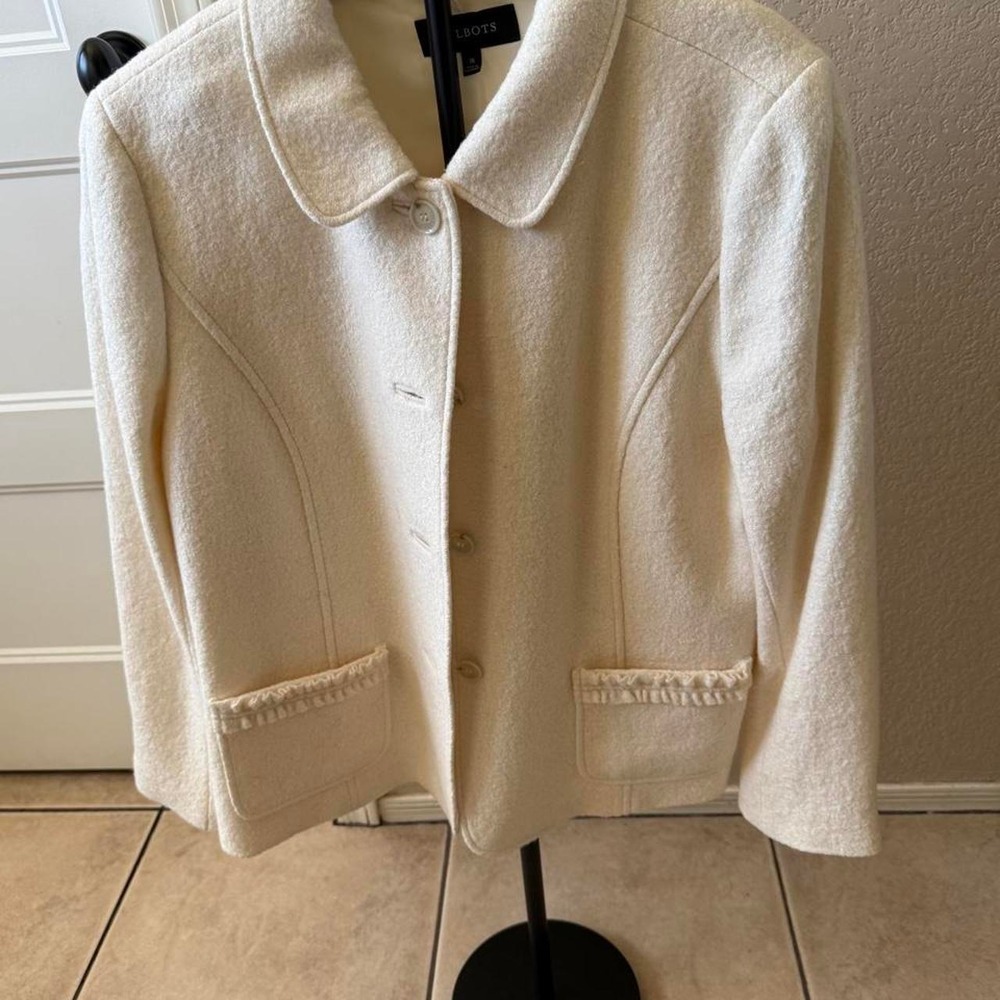 Talbots Ivory Wool Blend Ruffle Trim Blazer Jacket Cream Size 16